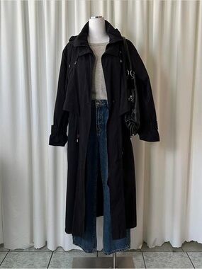 Vintage 90s Alorna Black Hooded Trench Coat